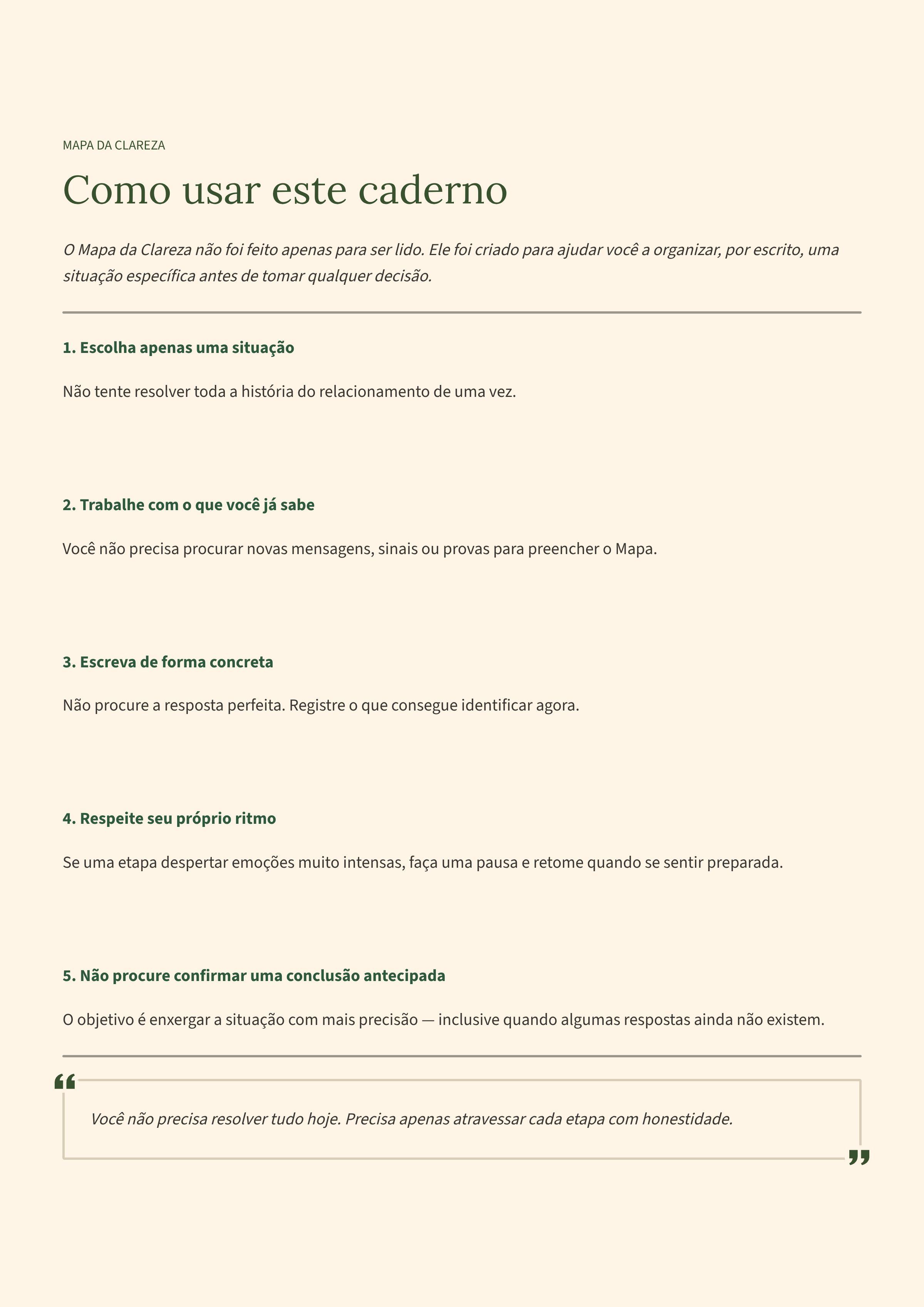 Página Como usar este caderno — Mapa da Clareza